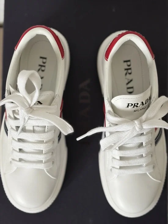 Prada White Leather Sneakers Red Stripe | Size 35 | Like New | Full Set - Picture 12 of 13